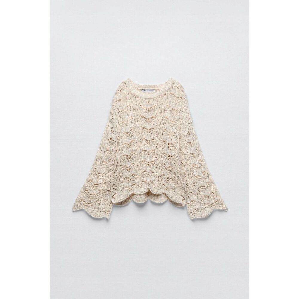 Cream Zara Open-Stitch Flare Sleeve Scallop Hem Pullover Knit Sweater (NWT)